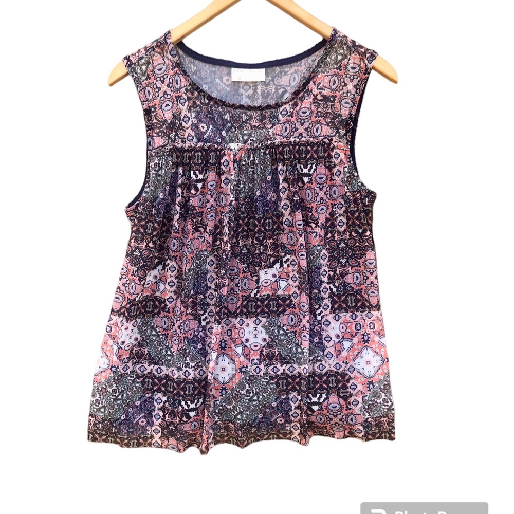Patchwork Shirt Geometric Sheer Sleeveless Sz. Medium